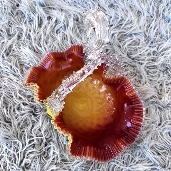 VTG Diamond Quilted Glass Basket Opaque Yellow Orange Twisted Thorn Handle - Picture 8 of 12